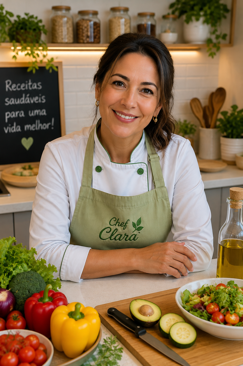 Chef Clara em sua cozinha